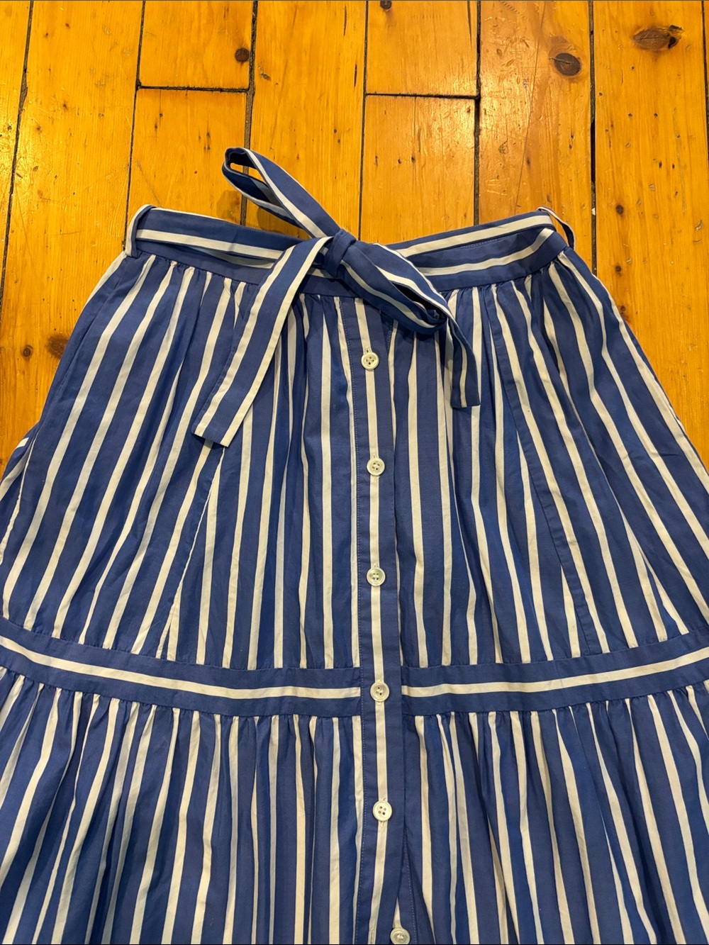 J. Crew Blue and White Striped Button-Front Midi Skirt with Tie Waist - Picture 2 of 8